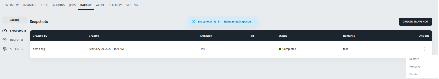 backup snapshots list