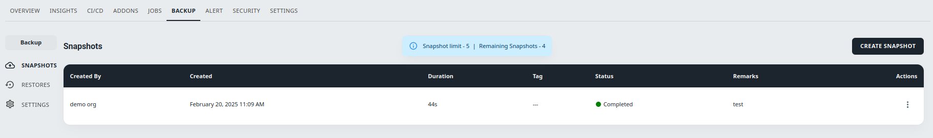 backup snapshots list
