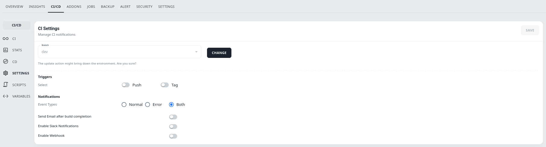 ci/cd CI settings