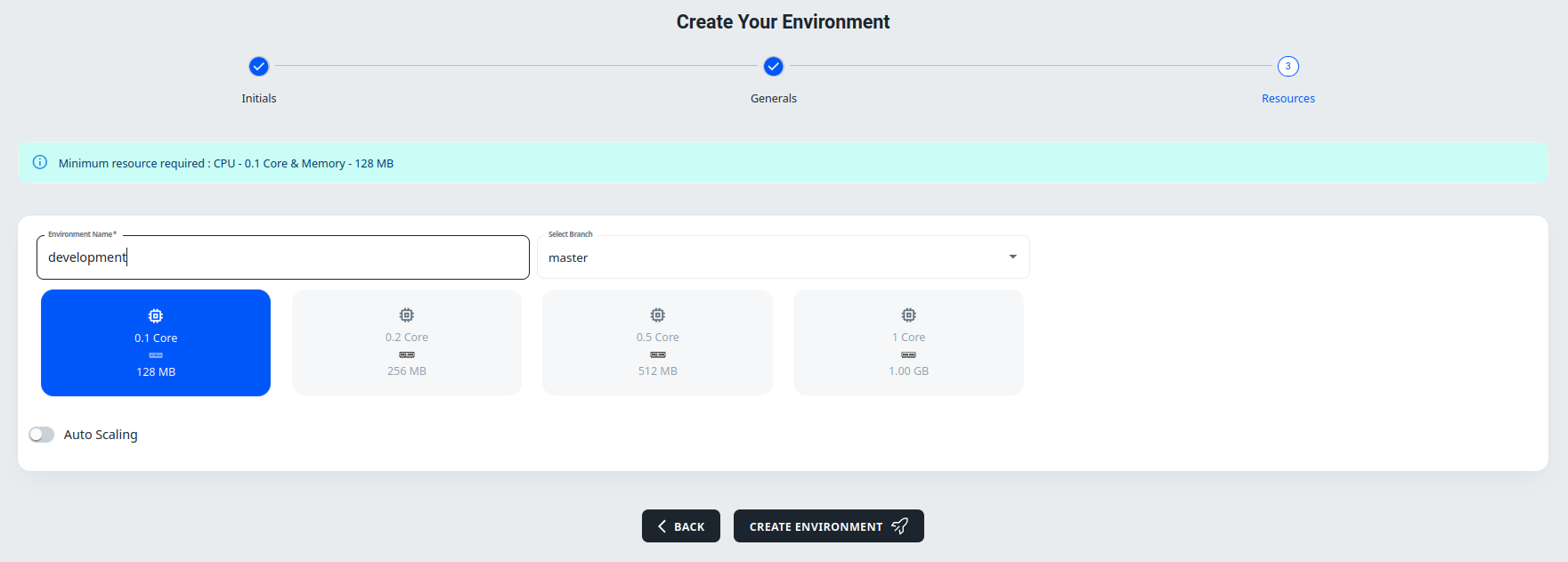 create environment with branch